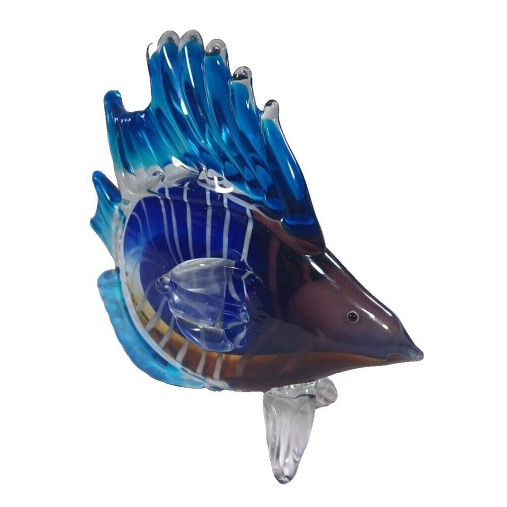 Large Rare Tetra Cobalt Turquoise Angel Fish Murano Sculpture 10" X 8.5 Vintage - Picture 14 of 14